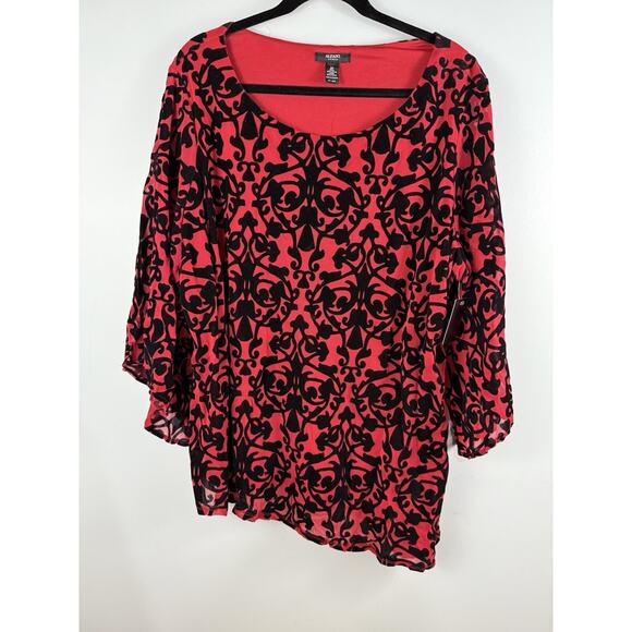 Alfani Tops - Alfani‎ Mesh Velvet Burnout Red Black Top Asymmetric Size 3x NEW Holiday Evening